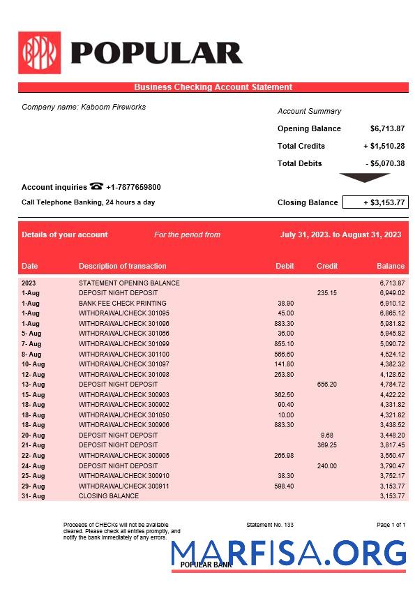 Downloadable Popular Bank firm account statement Word and PDF template